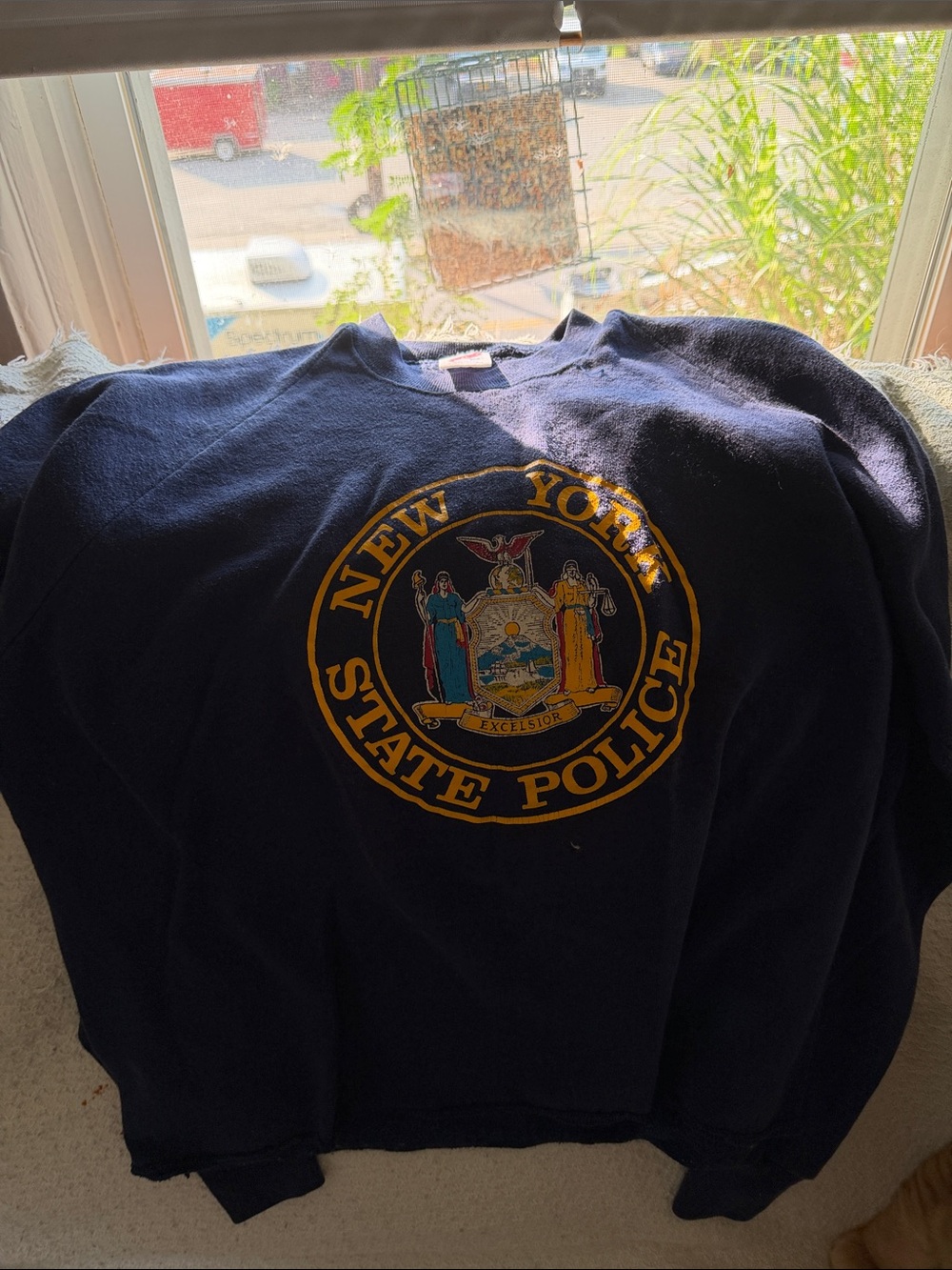 Jerzees Navy Crewneck Sweatshirt with Yellow State Emblem